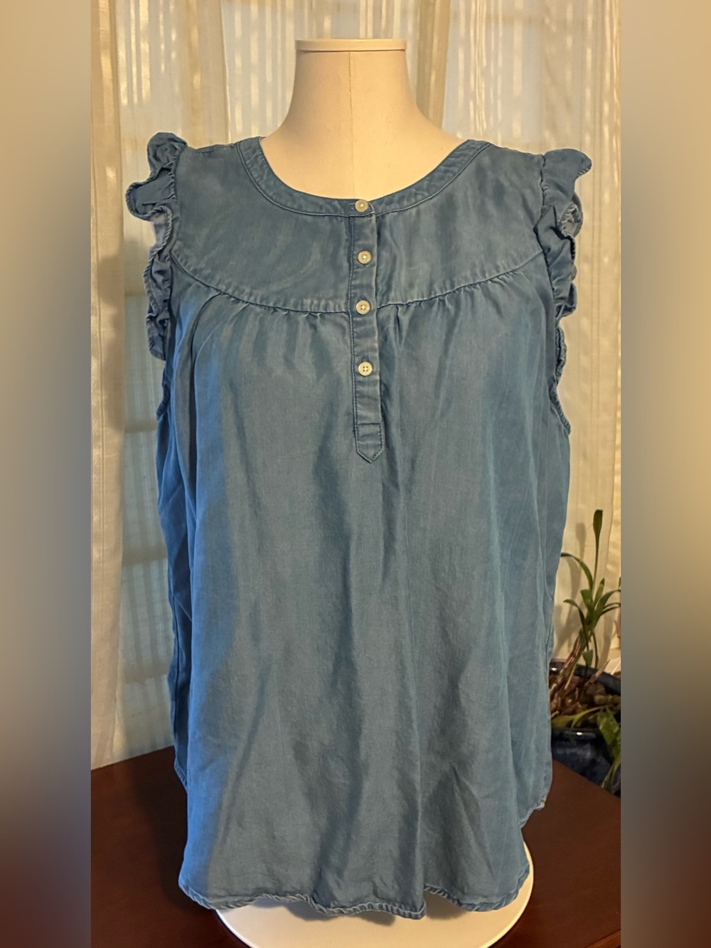 LOFT Denim Tank with Ruffle Seam Detail - Picture 2 of 4